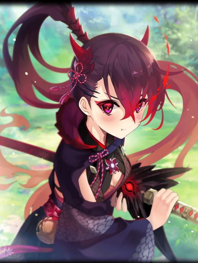 :t alternate_costume artist_request bell blush breasts cleavage cleavage_cutout drawing_sword eyeshadow fiery_hair hair_between_eyes holding holding_sword holding_weapon horn_ornament horns japanese_clothes katana makeup muramasa_(phantom_of_the_kill) official_art phantom_of_the_kill ponytail ponytail_holder pout purple_hair ready_to_draw saya_(scabbard) scabbard sheath snakeskin sword weapon