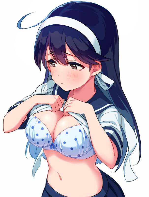 ahoge black_hair blush bra breasts brown_eyes cleavage commentary_request crying crying_with_eyes_open embarrassed hairband kantai_collection lifted_by_self long_hair looking_away medium_breasts navel polka_dot polka_dot_bra remodel_(kantai_collection) sayshownen school_uniform serafuku shirt_lift simple_background solo tearing_up tears underwear upper_body ushio_(kantai_collection) white_background