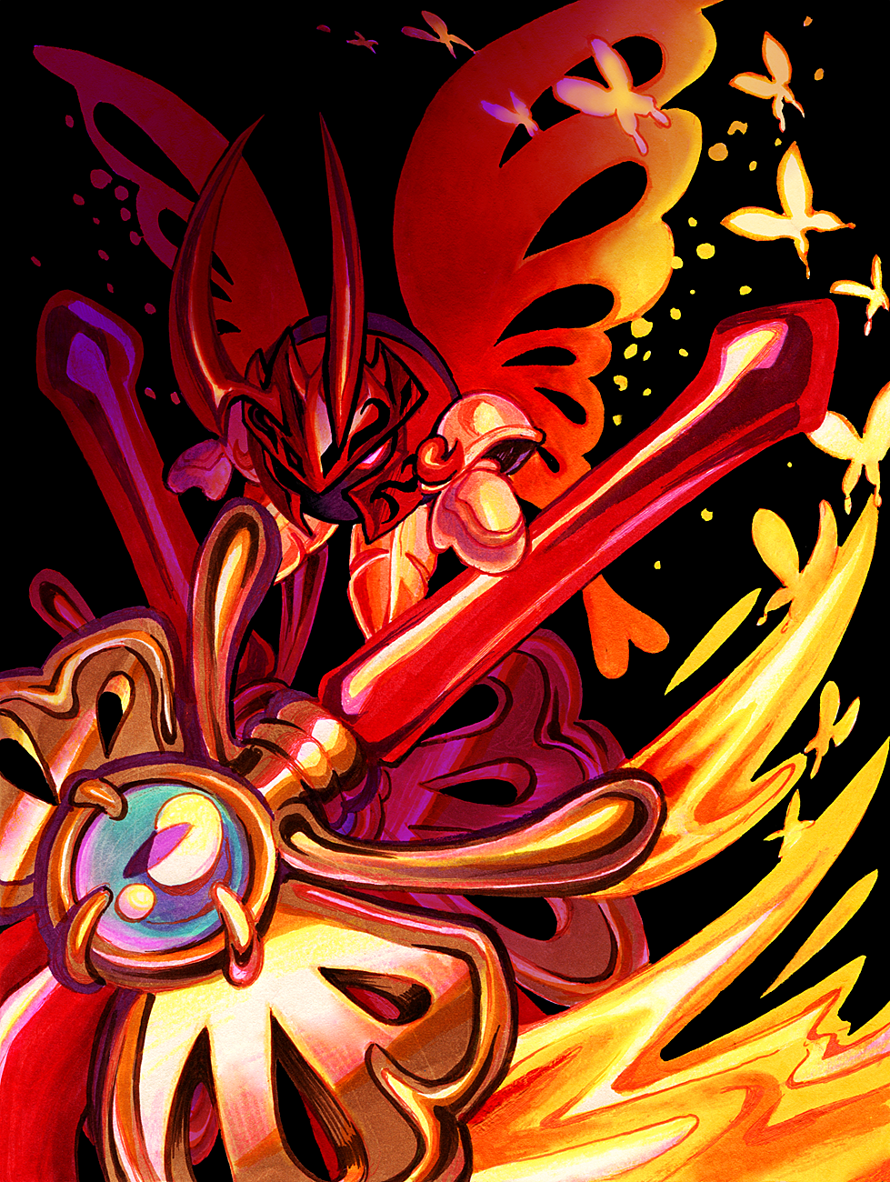 black_background bug butterfly butterfly_wings highres holding holding_sword holding_weapon horns insect kirby:_star_allies kirby_(series) looking_at_viewer morpho_knight no_humans shoulder_pads simple_background solo spoilers sword thorupanda weapon wings