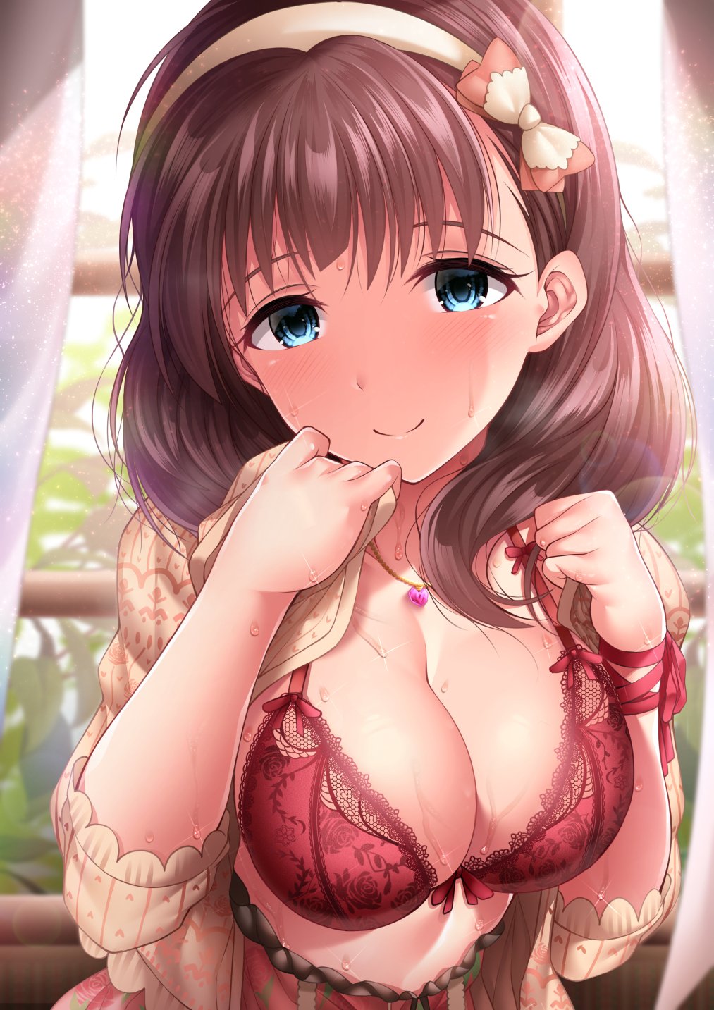 backlighting bangs beige_sweater blue_eyes blush bow bra breasts brown_hair cardigan cleavage commentary_request curtains floral_print garana hairband high-waist_skirt highres idolmaster idolmaster_cinderella_girls jewelry lace lace-trimmed_bra large_breasts lens_flare light_particles looking_at_viewer necklace open_cardigan open_clothes pink_skirt red_bra ribbon sakuma_mayu short_hair skirt smile solo stenciled_rose sunlight sweat underwear window