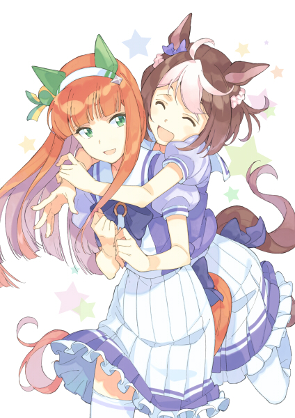 :d ^_^ animal_ears bow brown_hair closed_eyes ear_covers green_eyes hairband horse_ears horse_girl horse_tail hug hug_from_behind long_hair multicolored_hair multiple_girls open_mouth orange_hair pleated_skirt puffy_short_sleeves puffy_sleeves school_uniform short_hair short_sleeves silence_suzuka simple_background skirt smile special_week t-okada tail thighhighs two-tone_hair umamusume white_background white_hairband white_legwear white_skirt