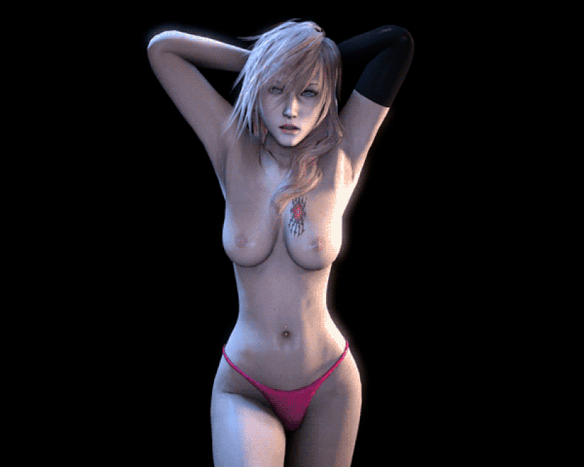 10s 1girl 3d animated animated_gif armpits arms_behind_head arms_up asymmetrical_hair black_background black_glove blue_eyes bouncing_breasts breast_tattoo breasts censored chest_tattoo female final_fantasy final_fantasy_xiii fingerless_glove glove jiggle lightning_farron long_hair looking_at_viewer medium_breasts navel nipples pink_hair pink_thong simple_background solo square_enix tattoo thong topless walking