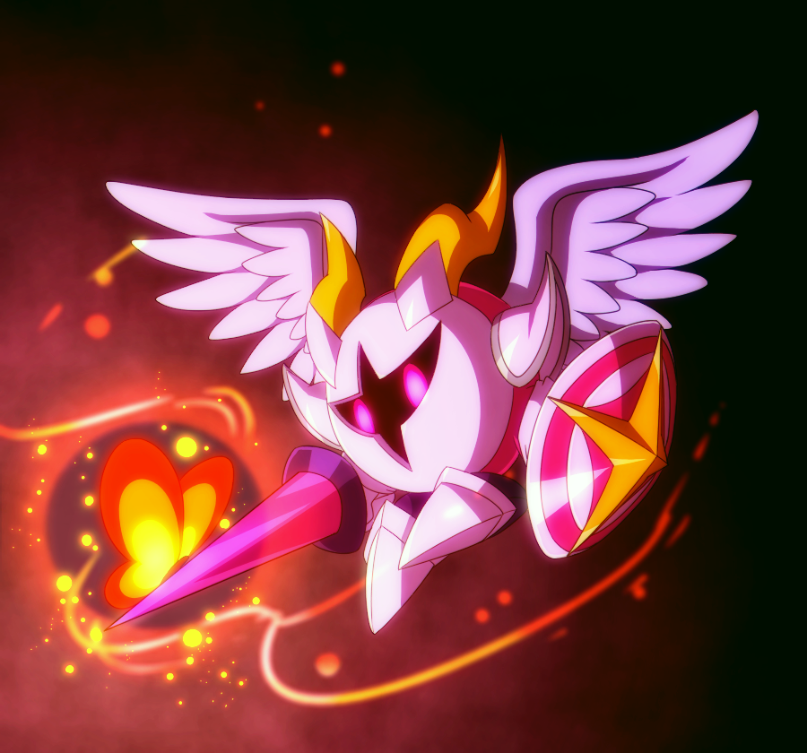 angel_wings black_background bug butterfly butterfly_wings commentary_request galacta_knight gurifon holding holding_sword holding_weapon horns insect kirby:_star_allies kirby_(series) lance mask morpho_knight multiple_boys no_humans pink_eyes polearm shield shoulder_pads simple_background spoilers sword weapon wings
