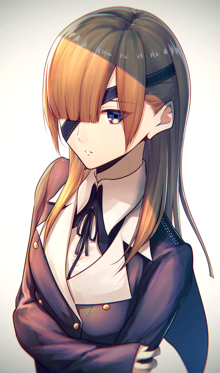 bangs black_coat black_eyepatch blue_eyes blunt_bangs brown_hair chromatic_aberration coat commentary eyebrows_visible_through_hair eyepatch eyes_visible_through_hair fal fate/grand_order fate_(series) gradient gradient_background grey_background hand_on_own_arm highres long_hair long_sleeves looking_at_viewer one_eye_covered open_mouth ophelia_phamrsolone parted_lips shadow simple_background solo upper_body white_background