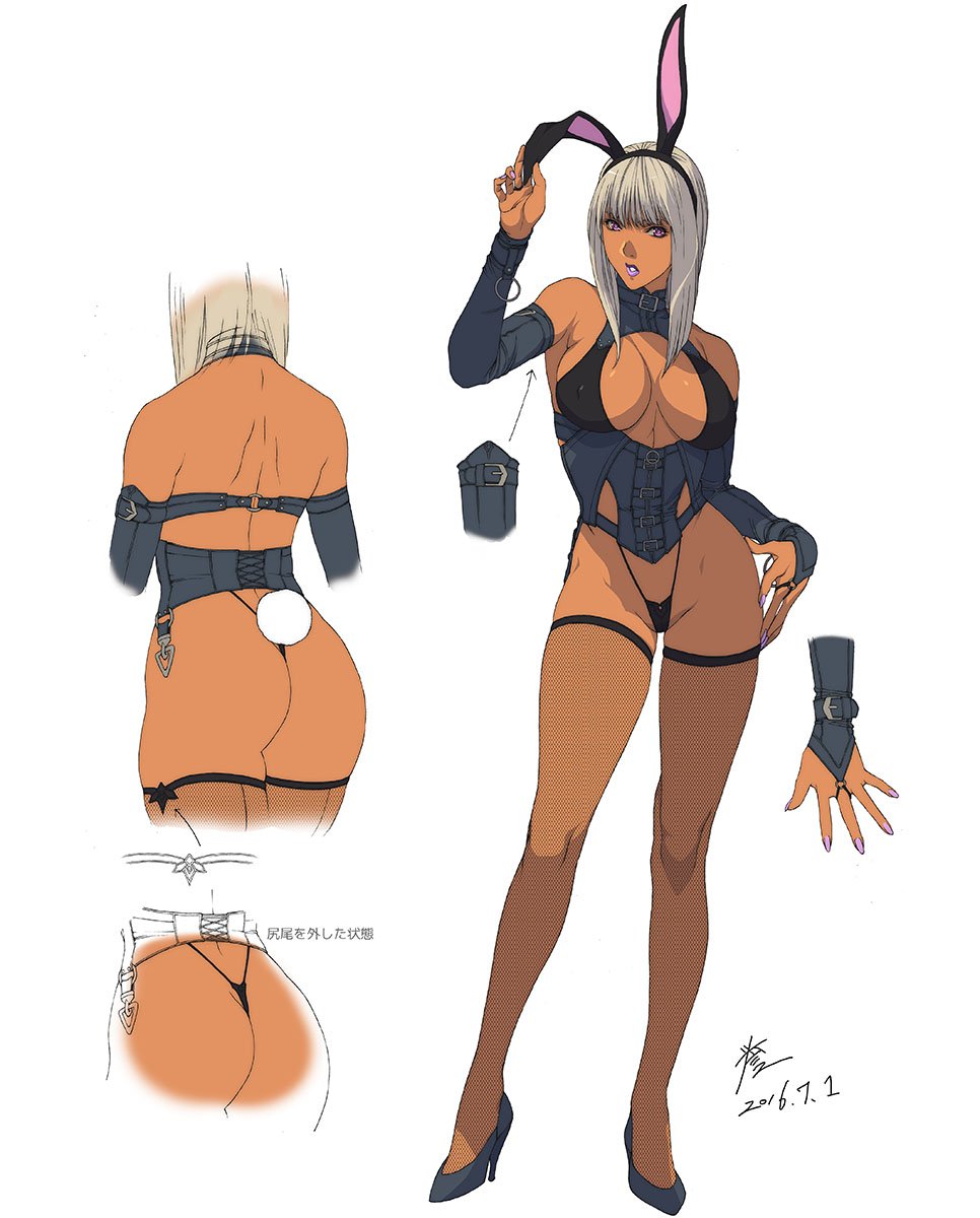 animal_ears artist_name ass bangs bare_shoulders black_legwear breasts bridal_gauntlets bunny_ears bunny_tail commentary_request concept_art covered_nipples dark_skin dated fake_animal_ears fingernails fishnet_legwear fishnets full_body high_heels highleg highleg_panties highres homare_(fool's_art) large_breasts lips lipstick looking_at_viewer makeup medium_hair original panties parted_lips purple_eyes purple_lipstick signature silver_hair simple_background solo tail thighhighs thighs thong turtleneck underwear white_background