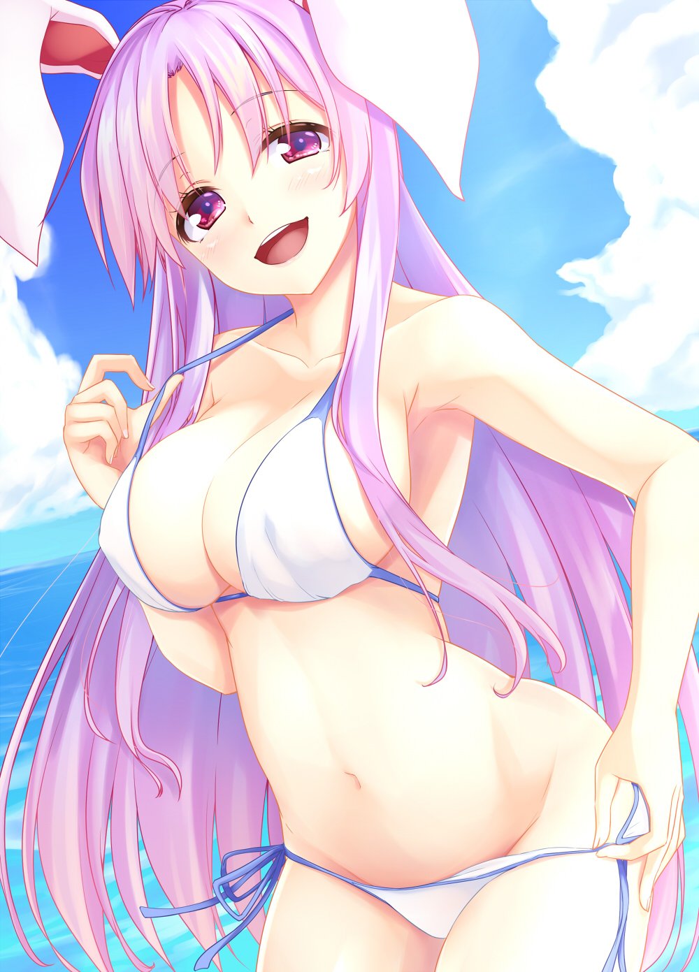 :d animal_ears bare_arms bare_shoulders bikini bikini_pull blue_sky blush breasts bunny_ears cloud collarbone commentary_request cowboy_shot day eyebrows_visible_through_hair groin hair_between_eyes hand_up head_tilt highres kue large_breasts leaning_forward long_hair looking_at_viewer navel open_mouth outdoors purple_hair red_eyes reisen_udongein_inaba side-tie_bikini sketch sky smile solo standing stomach swimsuit thighs touhou very_long_hair water white_bikini