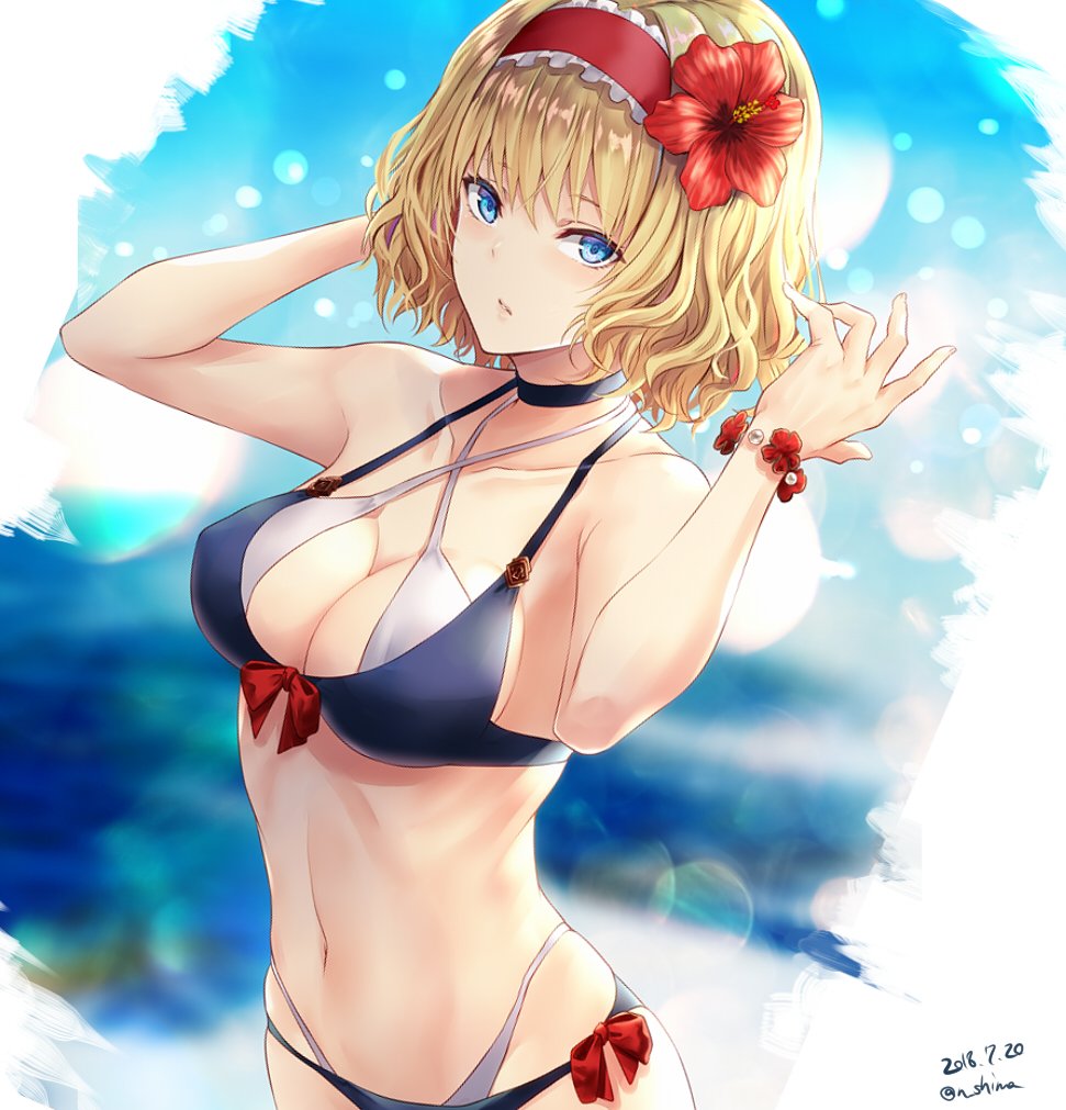 alice_margatroid alternate_costume bangs bikini blonde_hair blue_bikini blue_eyes breasts cleavage collarbone commentary contemporary criss-cross_halter day eyebrows_visible_through_hair flower from_above groin hair_between_eyes hair_flower hair_ornament hairband halterneck large_breasts layered_bikini lolita_hairband looking_at_viewer multicolored multicolored_background nabeshima_tetsuhiro navel parted_lips pink_hairband short_hair sidelocks solo sunlight swimsuit swimsuit_under_swimsuit thighs touhou twitter_username