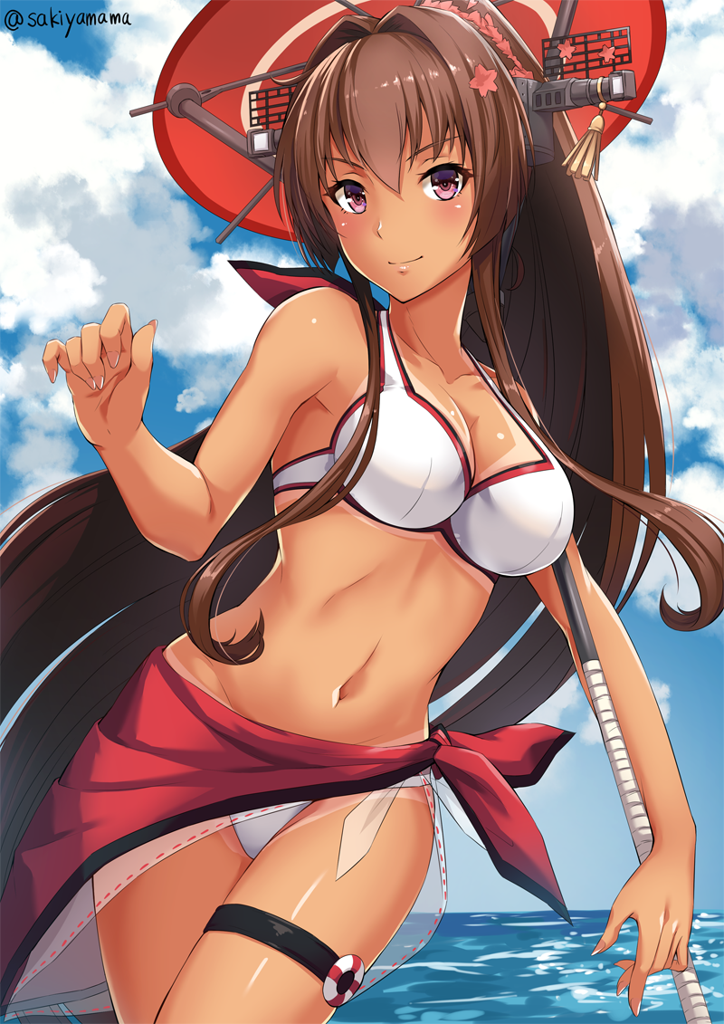 adapted_costume artist_name bare_arms bare_shoulders bikini bikini_tan blue_sky breasts brown_hair cherry_blossoms cleavage closed_mouth cloud collar collarbone day flower hair_between_eyes hair_flower hair_intakes hair_ornament headgear holding holding_umbrella horizon kantai_collection large_breasts long_hair looking_at_viewer navel ocean open_mouth oriental_umbrella outdoors parasol red_umbrella sakiyamama sarong shiny shiny_skin sky smile solo summer swimsuit tan tanline thigh_strap umbrella very_long_hair water white_bikini yamato_(kantai_collection)