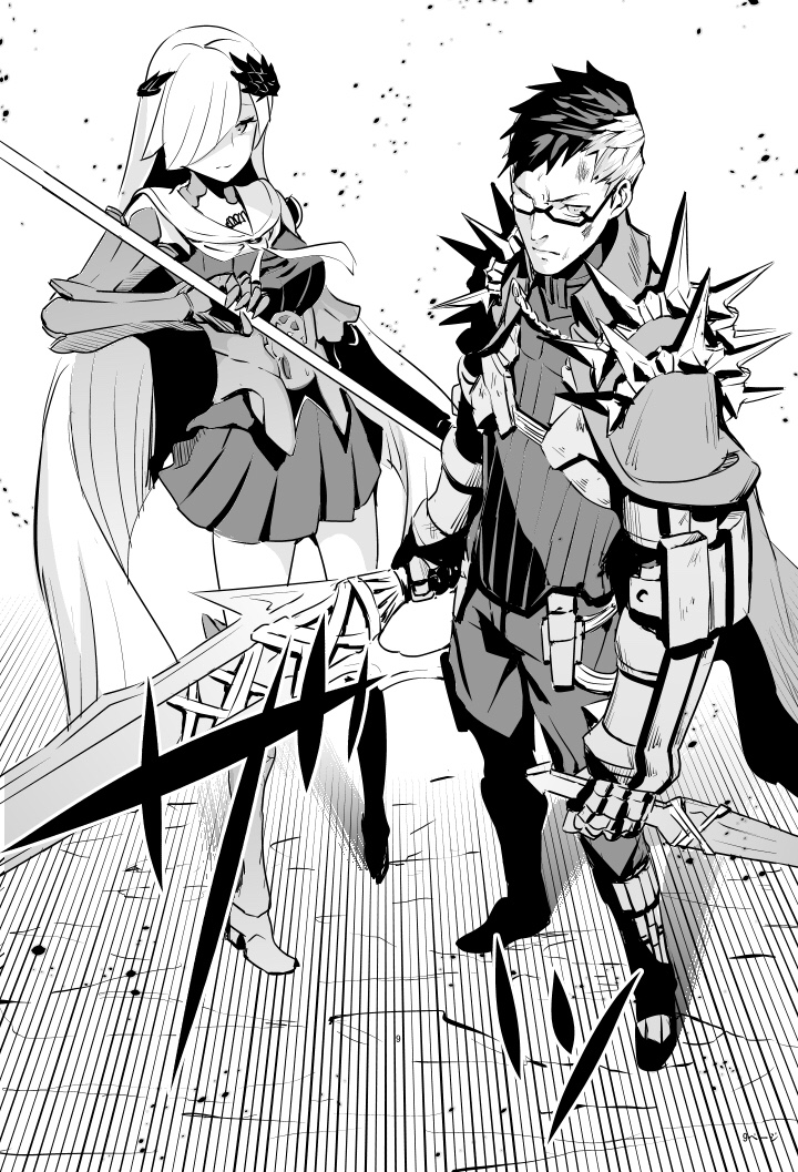 1girl brynhildr_(fate) cape commentary_request dagger fate/grand_order fate_(series) glasses greyscale hair_over_one_eye long_hair monochrome multicolored_hair muramitsu_(hook) polearm sigurd_(fate/grand_order) skirt spear sword two-tone_hair very_long_hair weapon