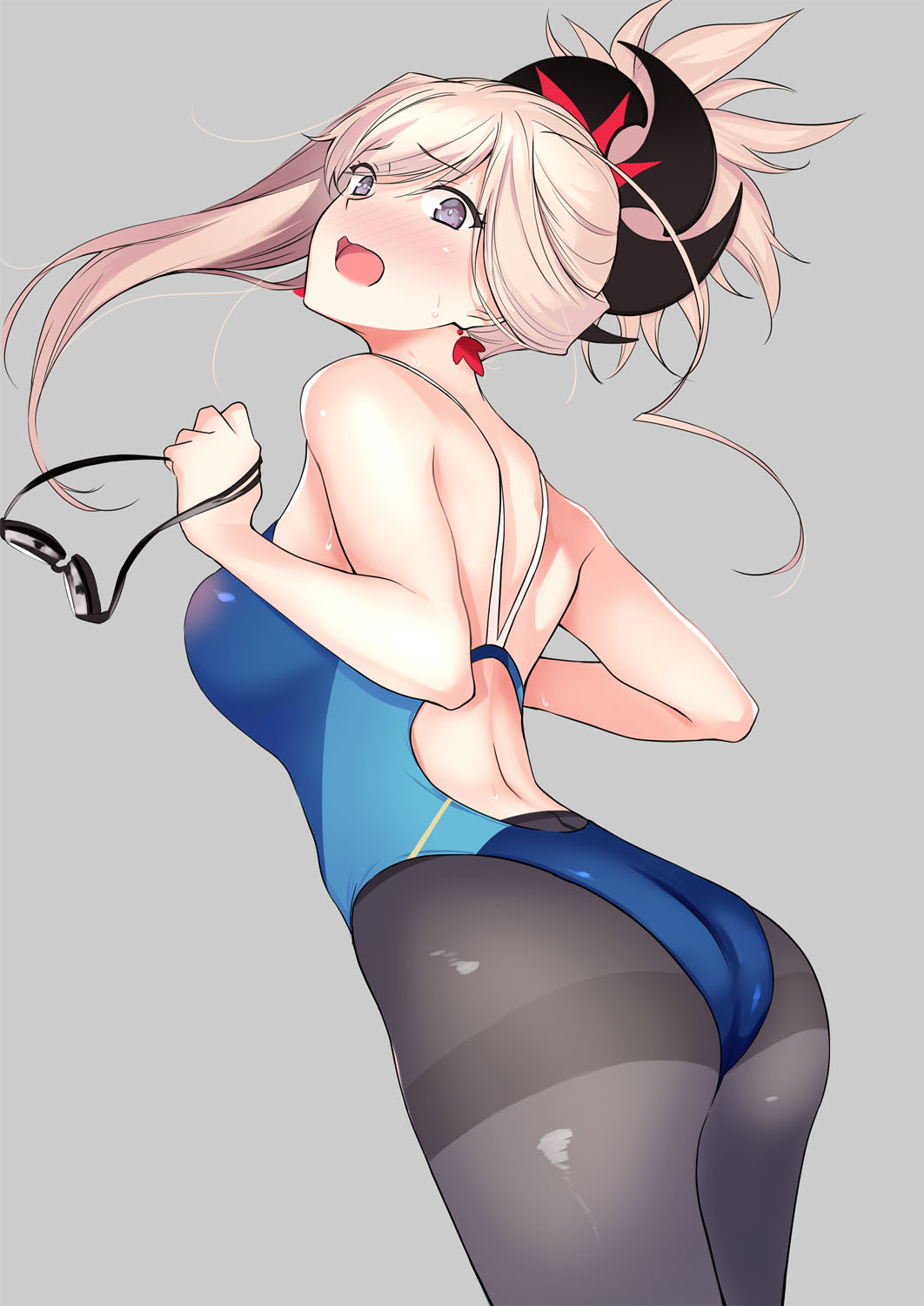 ass asymmetrical_hair back bangs bare_shoulders blue_eyes blue_swimsuit blush breasts commentary_request earrings fate/grand_order fate_(series) goggles grey_background hair_ornament highres hips jewelry large_breasts long_hair looking_back miyamoto_musashi_(fate/grand_order) one-piece_swimsuit open_mouth pantyhose pantyhose_under_swimsuit pink_hair ponytail simple_background solo swept_bangs swimsuit yoshiki360