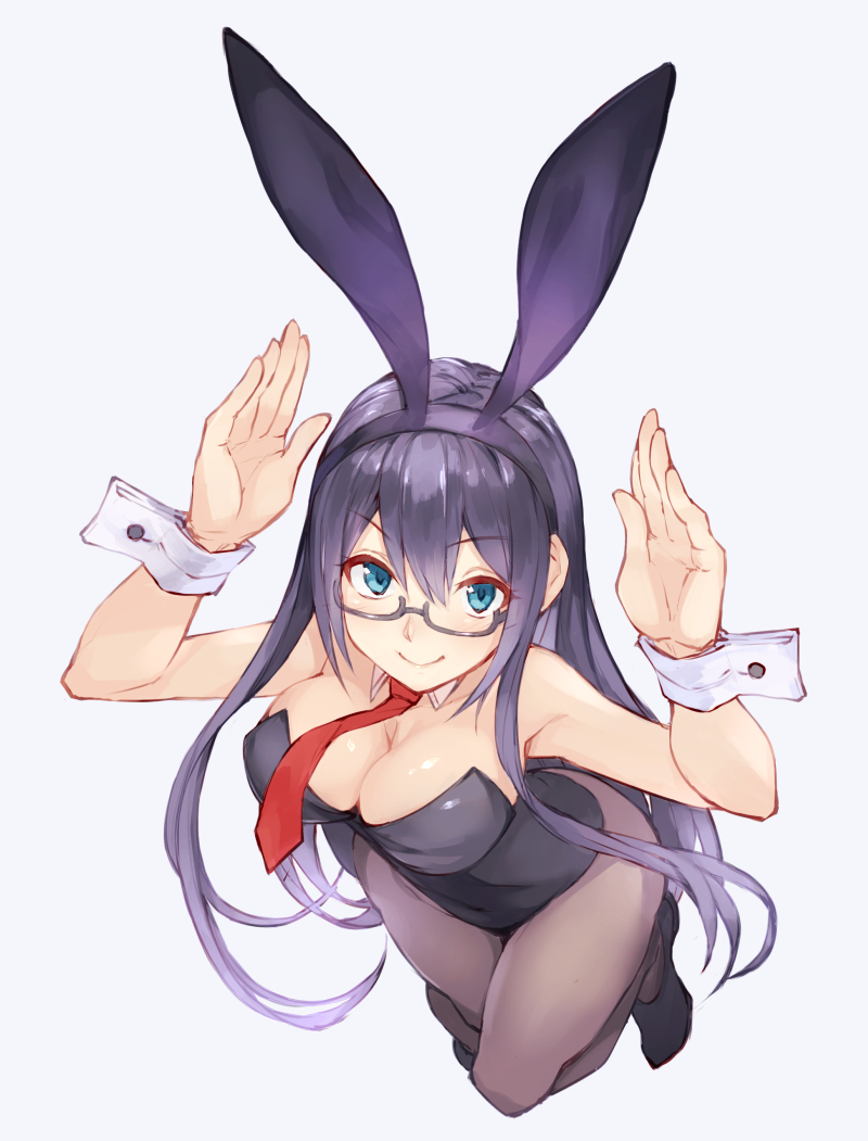 alternate_breast_size alternate_costume animal_ears arms_up black_hair black_leotard blue_eyes breasts bunny_ears bunny_pose bunnysuit cleavage commentary_request detached_collar fake_animal_ears from_above fumikiri glasses grey_legwear hairband kantai_collection large_breasts leotard long_hair looking_at_viewer necktie ooyodo_(kantai_collection) pantyhose red_neckwear simple_background smile solo strapless strapless_leotard w_arms white_background wrist_cuffs
