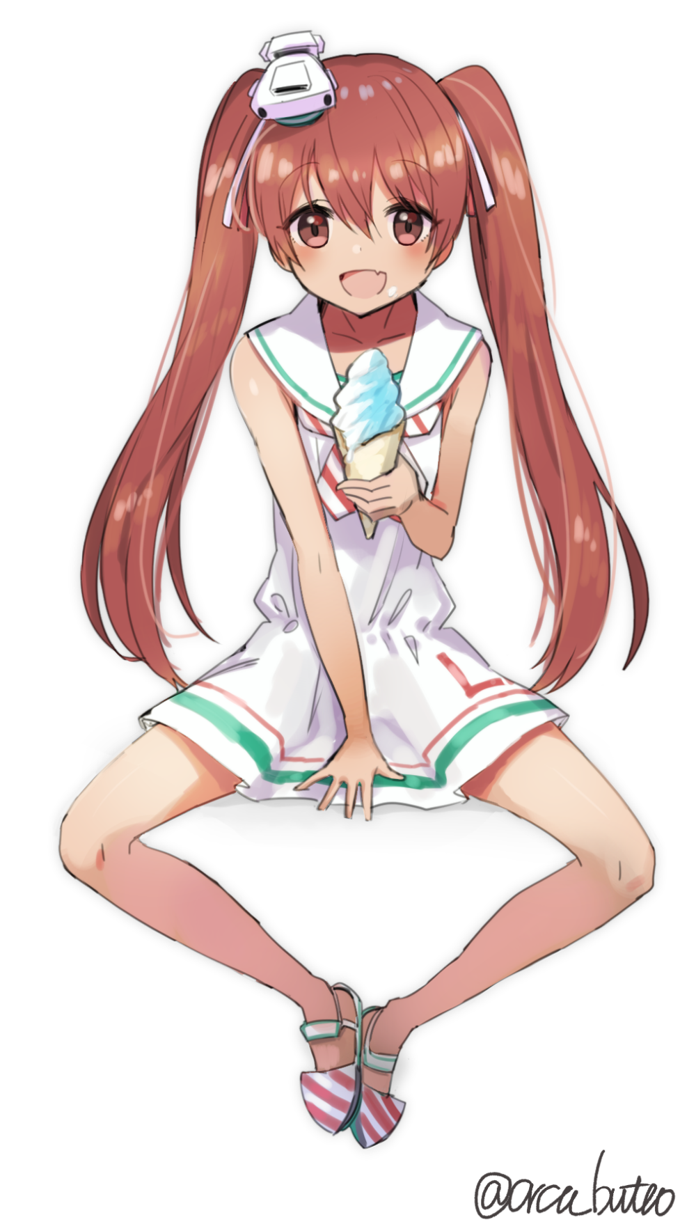 :d bangs bare_arms brown_eyes brown_hair diagonal-striped_neckwear diagonal_stripes dress eyebrows_visible_through_hair fang feet_together food hair_between_eyes hair_ribbon headgear highres holding ice_cream ice_cream_cone invisible_chair kantai_collection libeccio_(kantai_collection) long_hair looking_at_viewer no_socks open_mouth revision ribbon sailor_dress simple_background sitting sleeveless sleeveless_dress smile soft_serve solo spread_legs striped striped_neckwear twintails twitter_username white_background white_ribbon yamashiki_(orca_buteo)