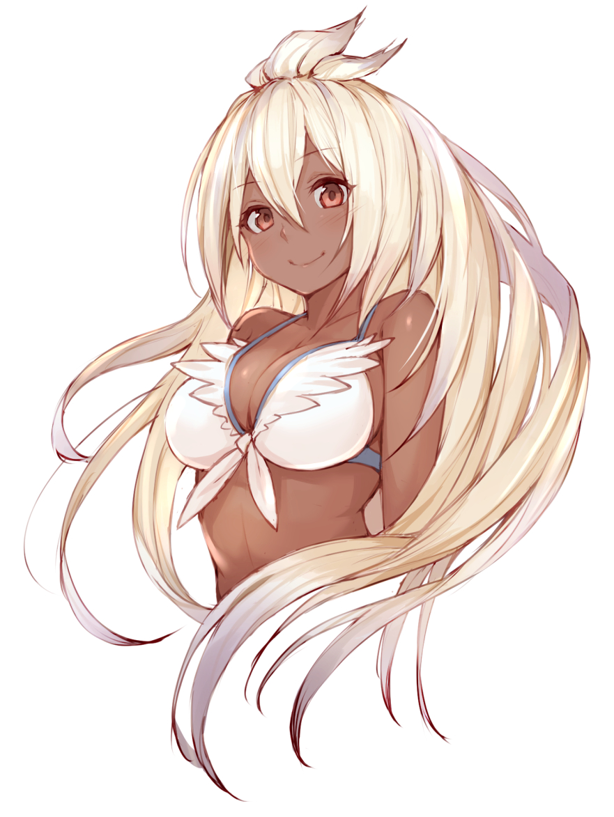 ahoge bare_shoulders bikini blush breasts cleavage commentary_request dark_skin eyebrows_visible_through_hair front-tie_bikini front-tie_top fumikiri granblue_fantasy hair_between_eyes large_breasts long_hair looking_at_viewer red_eyes smile solo swimsuit upper_body very_long_hair white_bikini white_hair zooey_(granblue_fantasy)