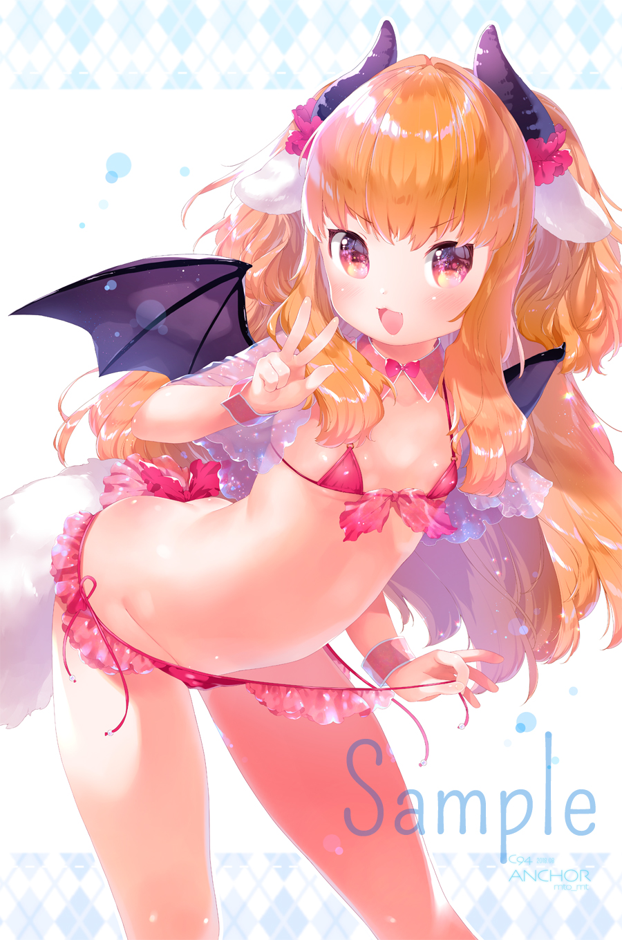 :d animal_ears argyle argyle_background ass bangs bikini black_wings blush bow capelet commentary_request demon_girl demon_horns demon_wings detached_collar eyebrows_visible_through_hair fang fingernails hair_ornament hair_scrunchie hand_up highres horns leaning_forward long_hair micro_bikini mutou_mato open_mouth orange_hair original pink_bow pink_collar pink_scrunchie red_bikini red_eyes sample scrunchie see-through side-tie_bikini sidelocks smile solo succubus swimsuit tail untied untied_bikini v v-shaped_eyebrows very_long_hair wings wrist_cuffs