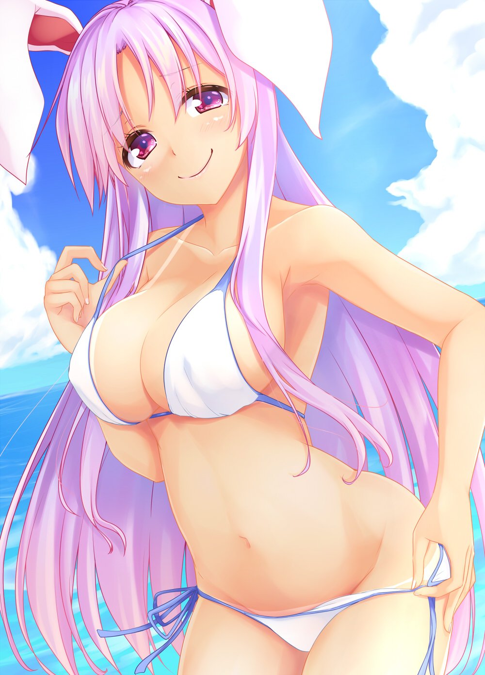animal_ears bare_arms bare_shoulders bikini bikini_pull blue_sky blush breasts bunny_ears cloud collarbone commentary_request cowboy_shot day eyebrows_visible_through_hair groin hair_between_eyes hand_up head_tilt highres kue large_breasts leaning_forward long_hair looking_at_viewer navel outdoors purple_hair red_eyes reisen_udongein_inaba side-tie_bikini sketch sky smile solo standing stomach swimsuit tan tanline thighs touhou very_long_hair water white_bikini