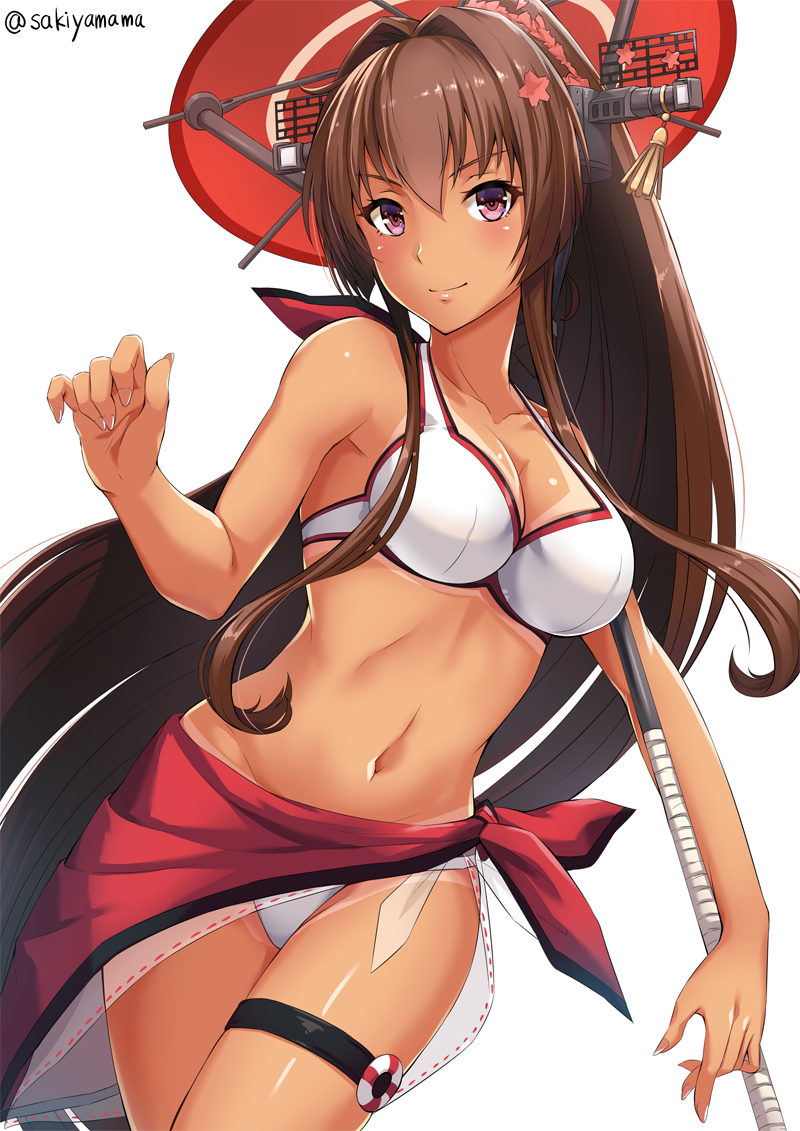 adapted_costume artist_name bare_arms bare_shoulders bikini bikini_tan breasts brown_hair cherry_blossoms cleavage closed_mouth cloud collar collarbone day flower hair_between_eyes hair_flower hair_intakes hair_ornament headgear holding holding_umbrella kantai_collection large_breasts long_hair looking_at_viewer navel open_mouth oriental_umbrella parasol red_umbrella sakiyamama sarong shiny shiny_skin simple_background smile solo swimsuit tan tanline thigh_strap umbrella very_long_hair white_background white_bikini yamato_(kantai_collection)