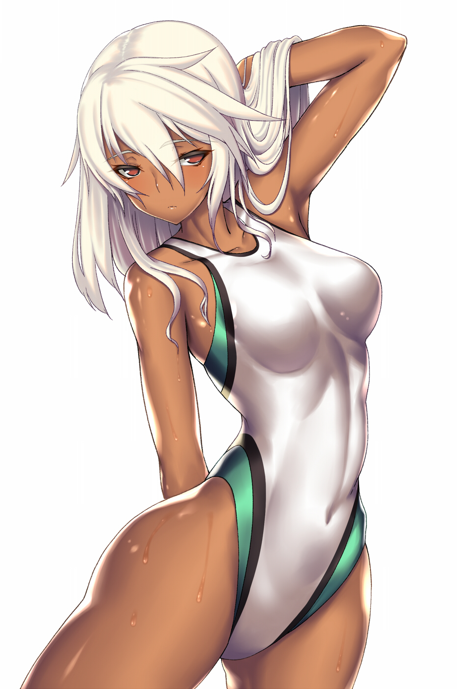 breasts competition_swimsuit covered_navel cowboy_shot dark_skin guilty_gear guilty_gear_xrd highleg highleg_swimsuit highres long_hair looking_at_viewer medium_breasts one-piece_swimsuit ramlethal_valentine simple_background solo swimsuit takanashi-a thigh_strap wet white_background white_hair white_swimsuit