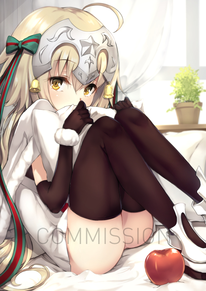 ahoge apple bell black_gloves black_legwear blonde_hair capelet commentary commission elbow_gloves fate/grand_order fate_(series) food fruit fur-trimmed_capelet fur_trim gloves hair_ribbon headpiece jeanne_d'arc_(fate)_(all) jeanne_d'arc_alter_santa_lily long_hair looking_at_viewer nakatokung pillow plant potted_plant ribbon sample sitting solo striped striped_ribbon thighhighs white_capelet yellow_eyes