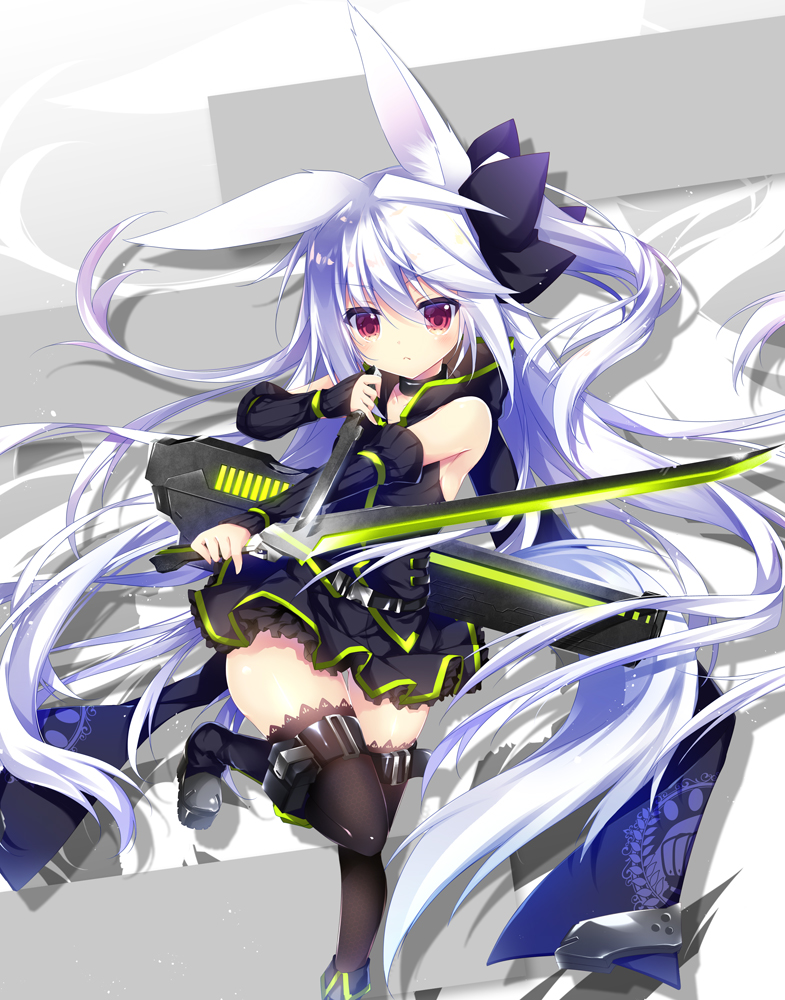 animal_ears bare_shoulders black_dress breasts collar commentary_request dagger dress eyebrows_visible_through_hair fox_ears hair_between_eyes hair_ribbon hakoniwa_oukoku_no_souzoushu-sama holding holding_weapon long_hair looking_at_viewer nanamomo_rio original red_eyes ribbon silver_hair simple_background sleeveless sleeveless_dress small_breasts solo standing standing_on_one_leg sword thighhighs very_long_hair weapon zettai_ryouiki
