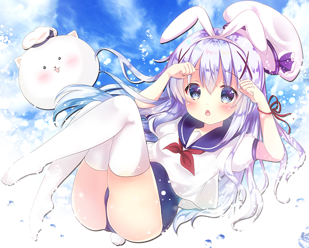 angora_rabbit animal animal_ears arms_up bangs beret blue_eyes blue_hair blue_sailor_collar blue_sky blue_swimsuit blush bunny bunny_ears chestnut_mouth cloud cloudy_sky commentary_request day eyebrows_visible_through_hair gochuumon_wa_usagi_desu_ka? hair_between_eyes hair_ornament hat hat_removed headwear_removed kafuu_chino long_hair no_shoes one-piece_swimsuit outdoors parted_lips puffy_short_sleeves puffy_sleeves red_ribbon revision ribbon rikatan sailor_collar school_swimsuit school_uniform serafuku shirt short_sleeves sky swimsuit swimsuit_under_clothes thighhighs tippy_(gochiusa) very_long_hair water_drop white_hat white_legwear white_shirt x_hair_ornament