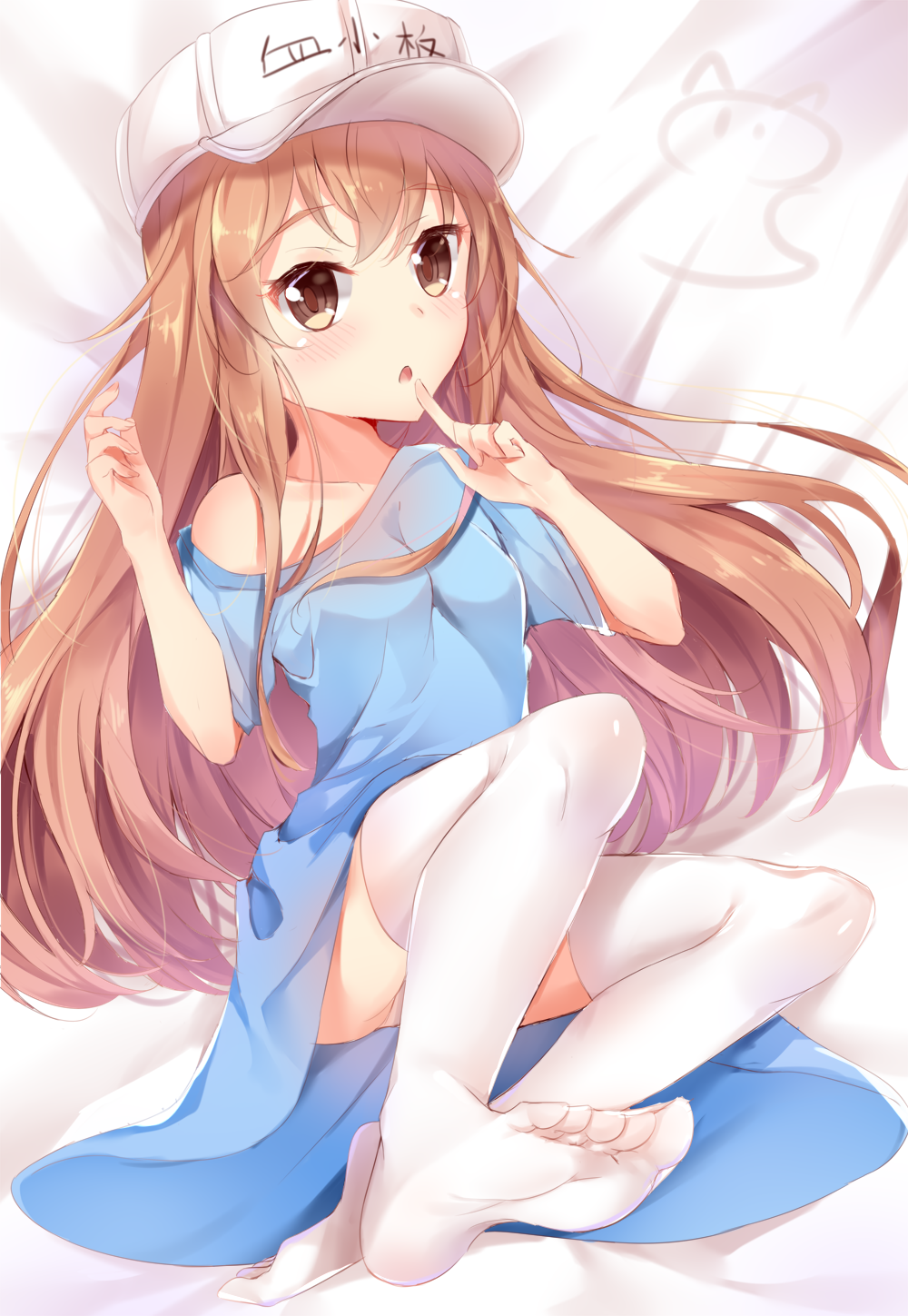 bangs bare_shoulders bed_sheet beige_shorts blue_shirt blush breasts brown_eyes brown_hair character_name clothes_writing collarbone commentary eyebrows_visible_through_hair feet finger_to_mouth flat_cap hair_between_eyes hat hataraku_saibou highres long_hair looking_at_viewer lying nahaki no_shoes off_shoulder on_back parted_lips platelet_(hataraku_saibou) shirt short_shorts short_sleeves shorts signature small_breasts soles solo thighhighs very_long_hair white_hat white_legwear