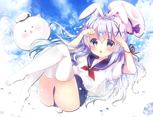 angora_rabbit animal animal_ears arms_up bangs beret blue_eyes blue_hair blue_sailor_collar blue_sky blue_swimsuit blush bunny bunny_ears chestnut_mouth cloud cloudy_sky day eyebrows_visible_through_hair gochuumon_wa_usagi_desu_ka? hair_between_eyes hair_ornament hat hat_removed headwear_removed kafuu_chino long_hair md5_mismatch no_shoes one-piece_swimsuit outdoors parted_lips puffy_short_sleeves puffy_sleeves red_ribbon ribbon rikatan sailor_collar school_swimsuit school_uniform serafuku shirt short_sleeves sky swimsuit swimsuit_under_clothes thighhighs tippy_(gochiusa) very_long_hair water_drop white_hat white_legwear white_shirt x_hair_ornament