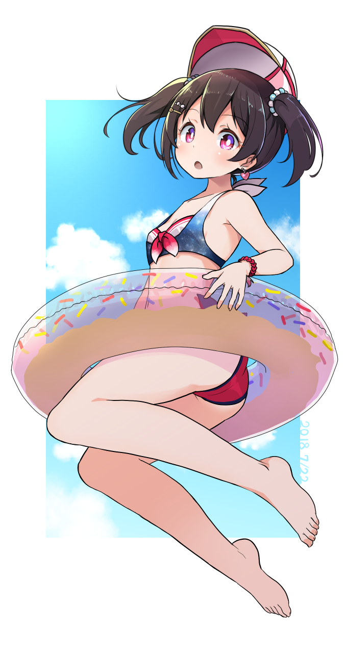:o ass bangs barefoot bikini black_hair bracelet cloud commentary_request dated earrings eyebrows_visible_through_hair feet hair_ornament hairpin halterneck hat heart heart_earrings highres innertube jewelry jumping looking_at_viewer love_live! love_live!_school_idol_project red_eyes shipii_(jigglypuff) sky solo swimsuit twintails yazawa_nico