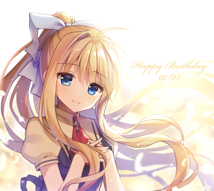 air bangs blonde_hair blue_dress blue_eyes blush closed_mouth commentary_request dated dress eyebrows_visible_through_hair hair_between_eyes hair_ribbon hands_up happy_birthday head_tilt high_ponytail kamio_misuzu long_hair mauve own_hands_together ponytail puffy_short_sleeves puffy_sleeves red_neckwear ribbon sailor_collar shirt short_sleeves sleeveless sleeveless_dress smile solo very_long_hair white_ribbon white_sailor_collar white_shirt