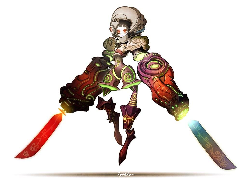 1girl android female floating full_body ippatu original pale_skin red_eyes signature simple_background solo sword weapon white_background