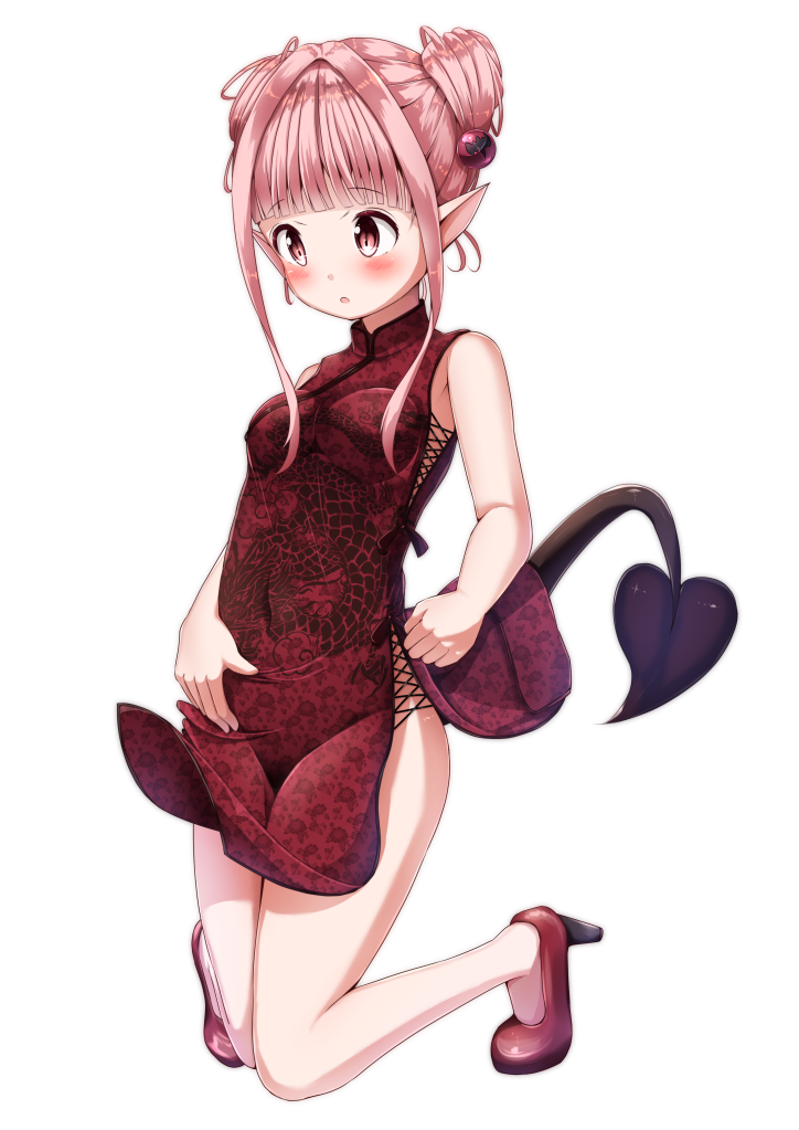 :o bangs bare_arms blunt_bangs blush breasts china_dress chinese_clothes commentary_request demon_girl demon_tail double_bun dress eyebrows_visible_through_hair full_body hair_ornament high_heels kneeling looking_away medium_breasts mochiyuki original parted_lips pelvic_curtain pink_hair pointy_ears print_dress red_dress red_eyes red_footwear shoes side_bun sidelocks simple_background sleeveless sleeveless_dress solo succubus tail white_background