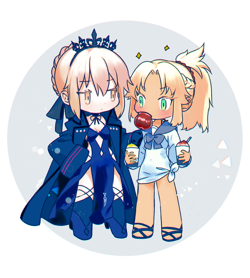 artoria_pendragon_(all) bangs blonde_hair blue_dress blue_footwear blue_sailor_collar blush braid breasts candy_apple chibi closed_mouth commentary_request crown dress fate/grand_order fate_(series) feeding food french_braid green_eyes hair_bun halterneck hand_on_hip high_heels holding long_sleeves mordred_(fate)_(all) mordred_(swimsuit_rider)_(fate) multiple_girls parted_bangs pelvic_curtain ribbon saber_alter sailor_collar sandals shirt short_hair small_breasts sparkle standing tan tied_shirt twintails yaku_(ziroken) yellow_eyes