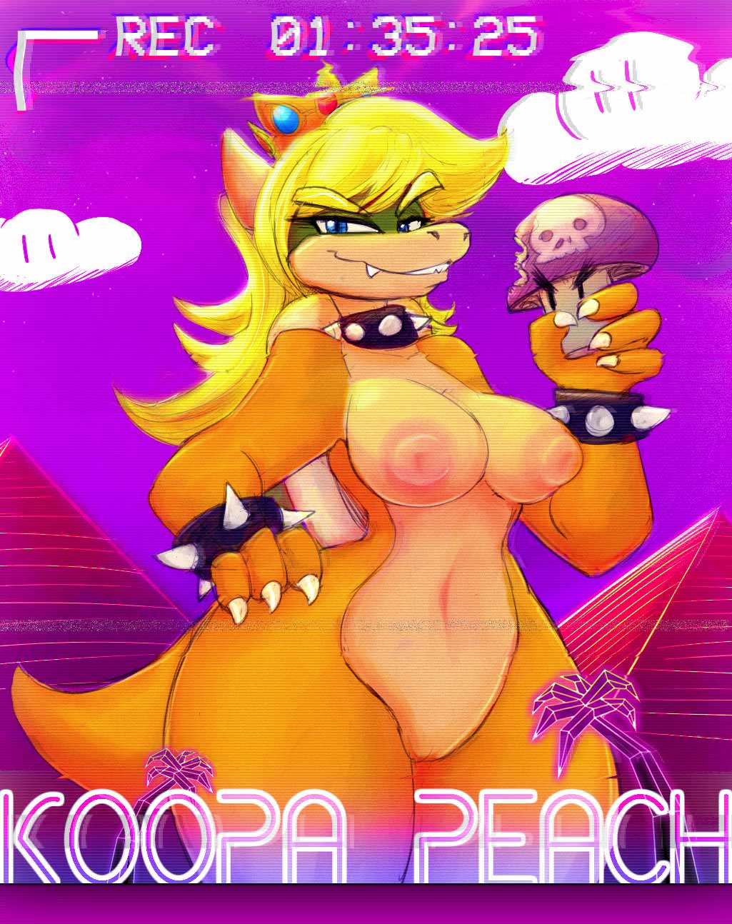 4_fingers alternate_species anthro blonde_hair blue_eyes bracelet breasts camera_view claws cloud collar crown english_text female hair jewelry koopa mario_bros mushroom nintendo nipples nude princess_koopa princess_peach pussy scalie smile solo spiked_collar spikes text tgwonder thick_thighs video_games wide_hips