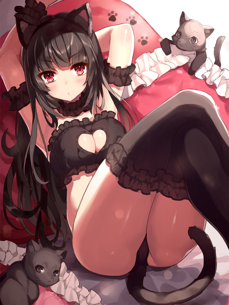&gt;:&lt; animal_ears arm_garter armpits arms_behind_back black_hair black_legwear blush breasts cat cat_tail cleavage_cutout fake_animal_ears fake_tail frills heart_cutout lingerie long_hair looking_at_viewer lying medium_breasts meme_attire on_back original red_eyes solo tail thighhighs underwear user_fvsd2278