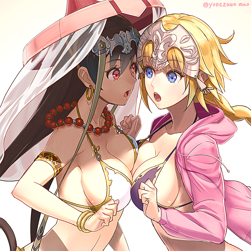 armlet bangs bare_shoulders bead_necklace beads bikini bikini_top blonde_hair blue_eyes bracelet braid breast_press breasts brown_hair cleavage collarbone commentary_request earrings eyebrows_visible_through_hair fate/grand_order fate_(series) hair_between_eyes headpiece hood hoodie hoop_earrings ichimegasa jacket jeanne_d'arc_(fate) jeanne_d'arc_(fate)_(all) jewelry large_breasts long_braid long_hair looking_at_another multiple_girls necklace open_clothes open_jacket open_mouth pink_jacket prayer_beads purple_bikini red_eyes simple_background single_braid swimsuit symmetrical_docking veil white_background white_bikini xuanzang_(fate/grand_order) yonezawa_mao