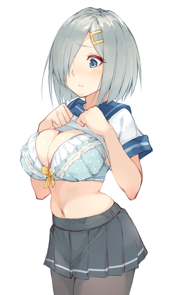 blue_bra blue_eyes blush bra breasts cleavage commentary_request cowboy_shot fumikiri gloves grey_skirt hair_ornament hair_over_one_eye hairclip hamakaze_(kantai_collection) highres hips kantai_collection large_breasts looking_at_viewer navel pantyhose pleated_skirt school_uniform serafuku shirt_lift short_hair short_sleeves silver_hair simple_background skirt solo standing thighs underwear white_background white_gloves