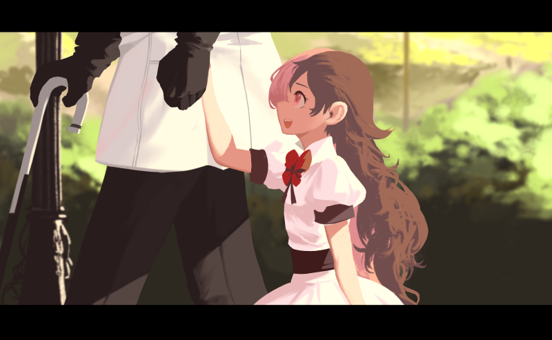 1girl bow brown_hair bush cane commentary dishwasher1910 dress gloves happy lamppost multicolored_hair neo_(rwby) pink_hair red_bow roman_torchwick rwby two-tone_hair white_dress younger