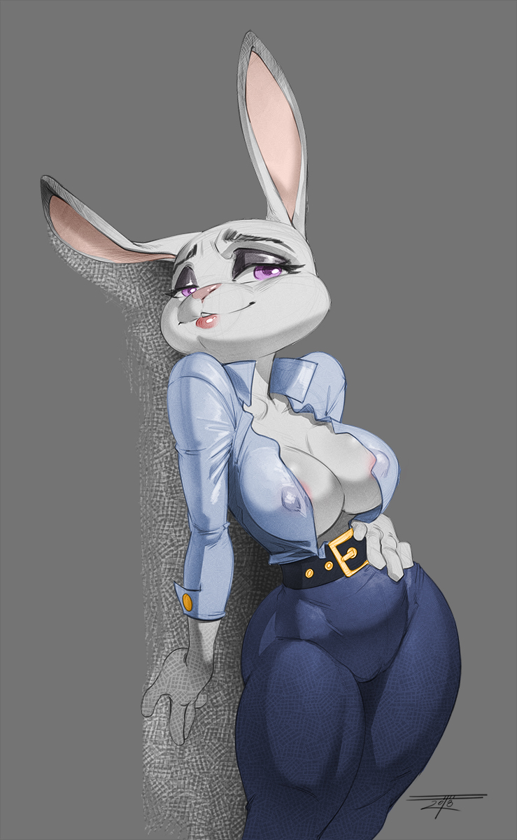 1girl ass belt breasts curvy erect_nipples eyeshadow female furry grey_hair hand_on_hip judy_hopps large_breasts makeup niveus-diabolus open_clothes open_shirt pants purple_eyes red_lips shirt smile solo thick_thighs thighs tight tight_pants wide_hips zootopia