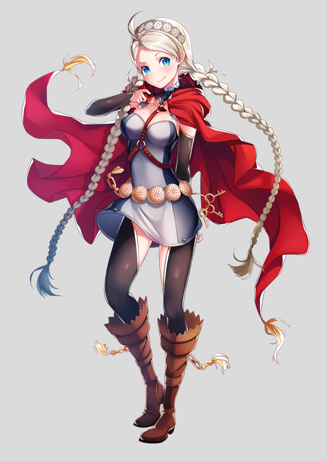 ahoge bangs between_breasts black_gloves black_legwear blonde_hair blue_eyes boots braid breasts cleavage cloak contrapposto dress elbow_gloves eponine_(fire_emblem_if) fingerless_gloves fire_emblem fire_emblem_if full_body gloves grey_background hairband knee_boots long_hair medium_breasts parted_bangs ringozaka_mariko short_dress sidelocks simple_background smile solo standing strap_cleavage thighhighs twin_braids