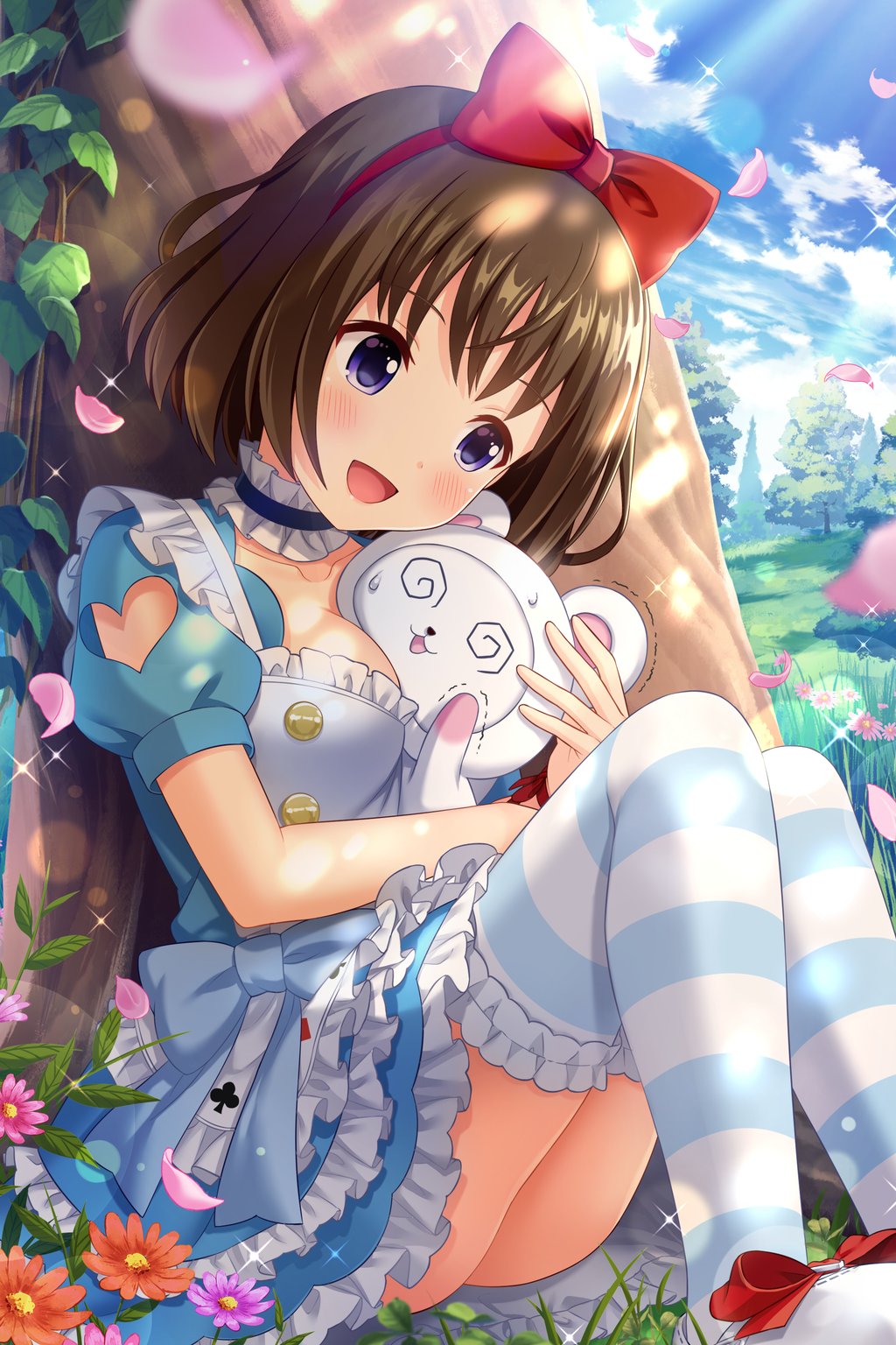alice_(wonderland) alice_(wonderland)_(cosplay) alice_in_wonderland alternative_girls asahina_nono ass blue_dress blue_legwear blush bow bracelet breasts brown_hair buttons card cloud cloudy_sky club_(shape) collarbone cosplay creature day diamond_(shape) dress flower frilled_dress frilled_legwear frills highres jewelry large_breasts looking_to_the_side official_art orange_flower outdoors pink_flower pink_petals playing_card puffy_short_sleeves puffy_sleeves purple_eyes purple_flower red_bow red_headband short_hair short_sleeves sitting sky striped striped_legwear sunlight sweatdrop tree two-tone_legwear white_legwear