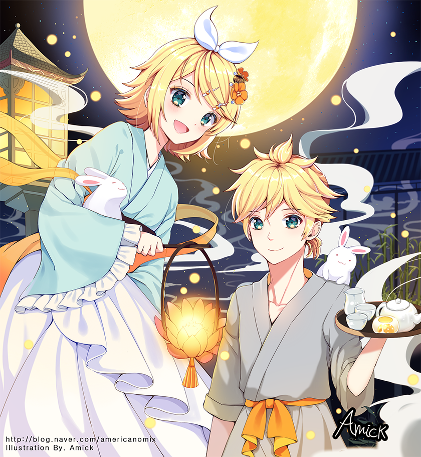 1girl amick_(americanomix) bamboo bangs blonde_hair bow bunny collarbone cup dress eyebrows_visible_through_hair fireflies flower full_moon green_eyes grey_kimono hagoromo hair_between_eyes hair_bow hair_flower hair_ornament hairclip holding japanese_clothes kagamine_len kagamine_rin kimono lantern long_dress mid-autumn_festival moon orange_flower parted_bangs sash shawl short_hair smile teapot themed_object tray vocaloid watermark white_bow yunomi