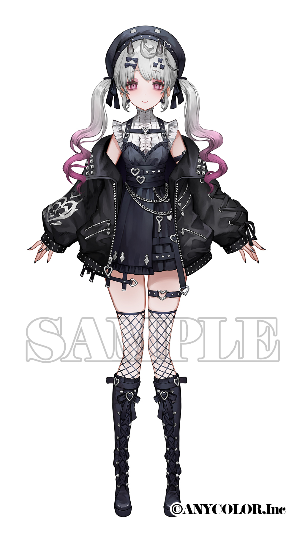 1girl arm_strap arms_at_sides beret black_boots black_dress black_hat black_jacket black_nails black_ribbon boots bow center_frills closed_mouth copyright_notice cross-laced_clothes cross-laced_sleeves demon_horns dress earrings fishnet_thighhighs fishnets frills full_body gradient_hair grey_hair grey_horns hair_bow hair_ribbon hat hat_chain hat_ornament heart heart_earrings heart_o-ring heart_print high_collar highres horns jacket jewelry key knee_boots lace-up_boots leather leather_jacket long_hair long_sleeves looking_at_viewer multicolored_hair nail_polish nijisanji nijisanji_en o-ring off_shoulder official_art open_clothes open_jacket pinafore_dress puffy_long_sleeves puffy_sleeves purple_eyes purple_hair reimu_endou ribbon sample_watermark senano-yu shirt short_dress sleeveless sleeveless_dress sleeveless_shirt sleeves_past_wrists smile solo standing straight-on swept_bangs thigh_strap thighhighs twintails virtual_youtuber wallet_chain watermark wavy_hair white_background white_shirt zipper zipper_pull_tab