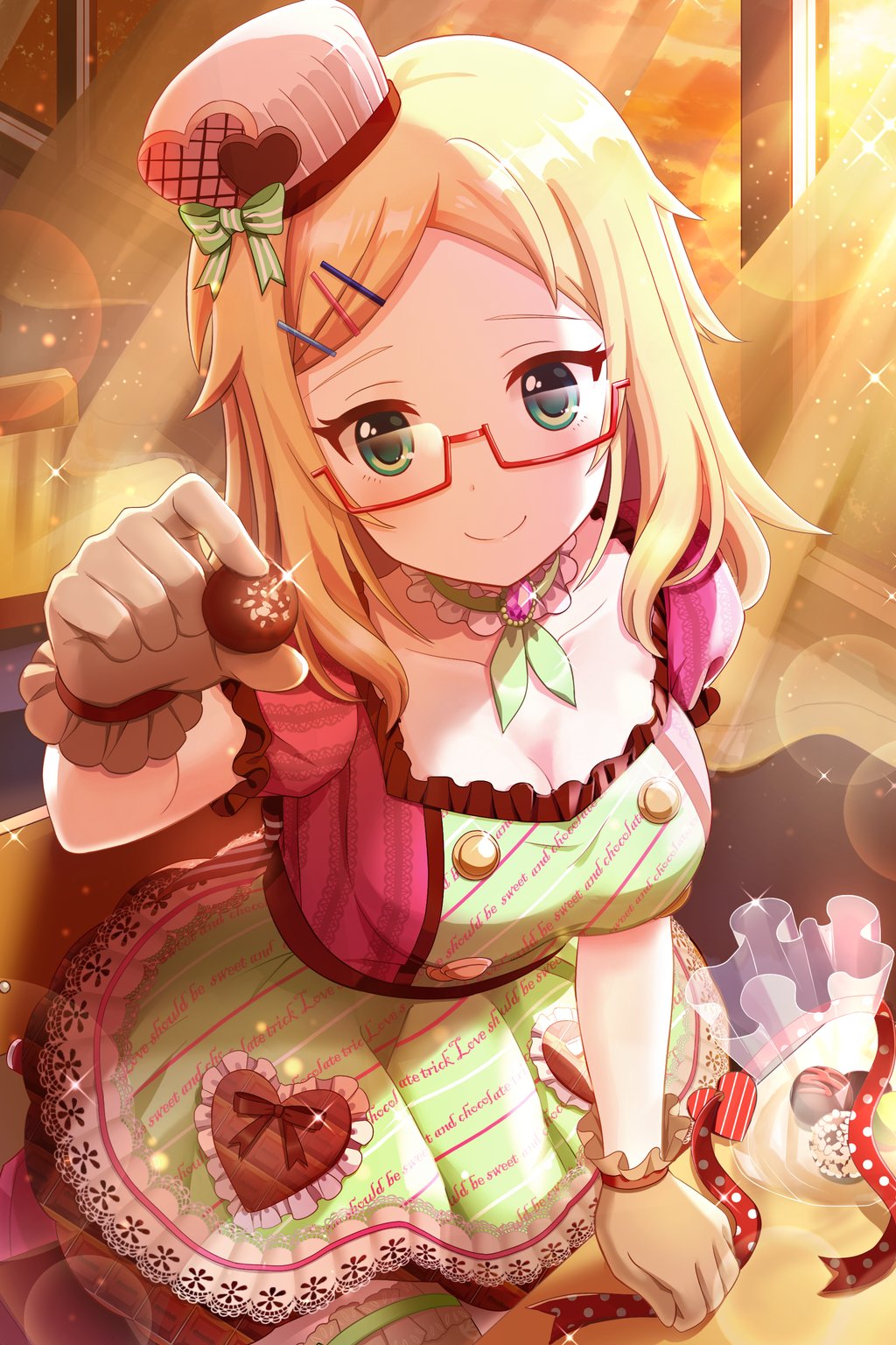 blonde_hair blush breasts candy choker cleavage collarbone double-breasted dress dusk english food frilled_dress frills gem gift_bag glasses gloves green_choker green_dress green_eyes hair_ornament hairclip hat highres large_breasts long_hair looking_at_viewer nakata_natalie official_art pink_dress pink_hat puffy_short_sleeves puffy_sleeves red-framed_eyewear seiza semi-rimless_eyewear short_sleeves sitting smile sunlight thighhighs two-tone_dress valentine white_gloves