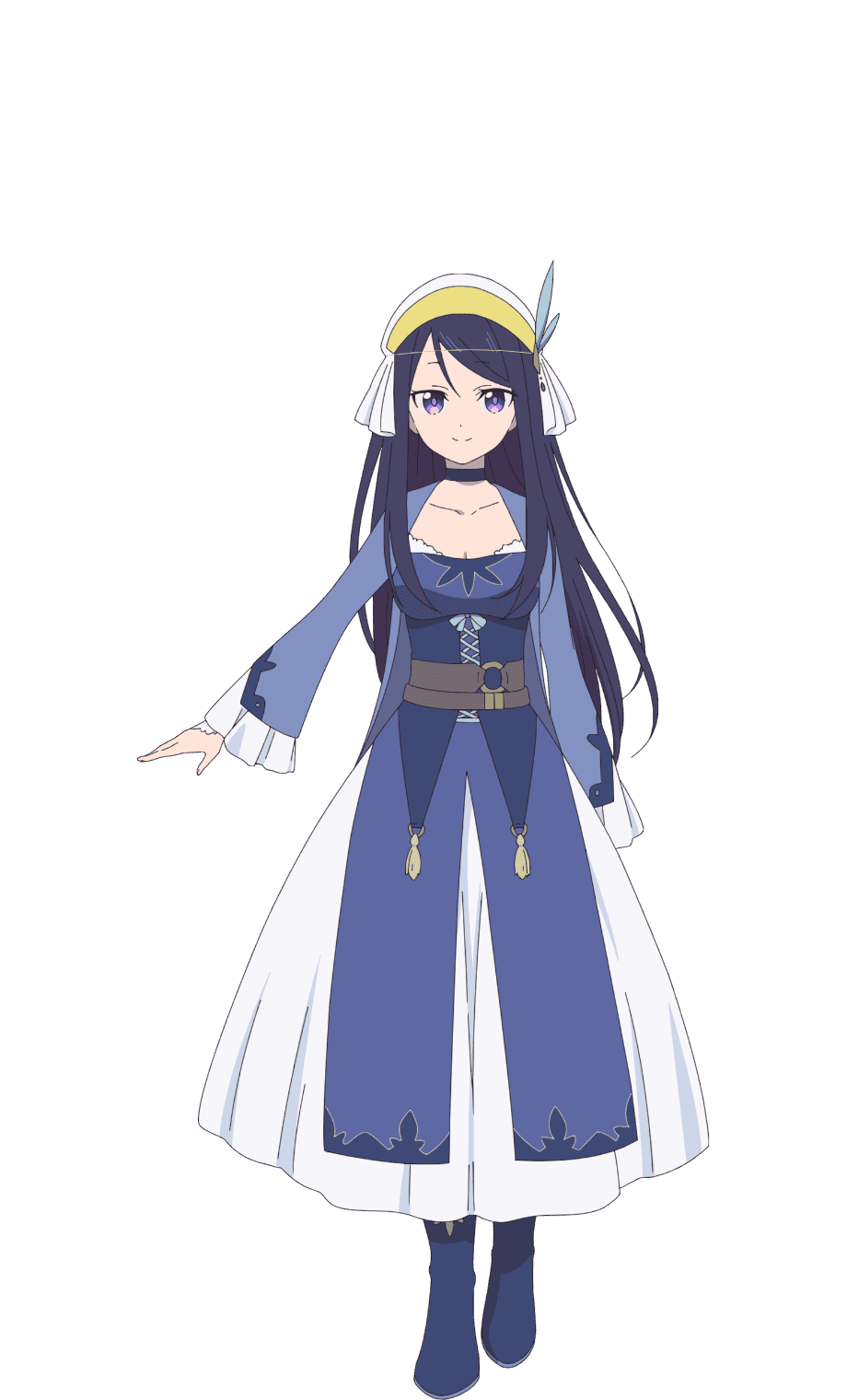 1girl anime_coloring belt blue_boots blue_dress blue_eyes blue_hair boots breasts busamen_gachi_fighter cleavage closed_mouth collar collarbone dress full_body hair_between_eyes hat highres long_hair long_sleeves looking_at_viewer matsumoto_miki o-ring seika_(busamen_gachi_fighter) simple_background smile solo standing tachi-e transparent_background tsurime very_long_hair