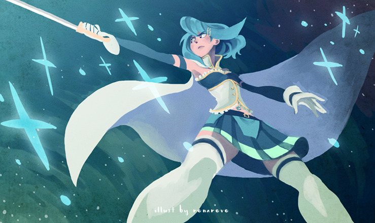 1girl artist_name blue_hair blue_skirt cape commentary detached_sleeves english_commentary fortissimo gloves hair_ornament holding holding_sword holding_weapon magical_girl mahou_shoujo_madoka_magica miki_sayaka miki_sayaka_(magical_girl) musical_note musical_note_hair_ornament renareve short_hair skirt solo soul_gem sparkle standing sword thighhighs weapon white_cape white_gloves white_thighhighs