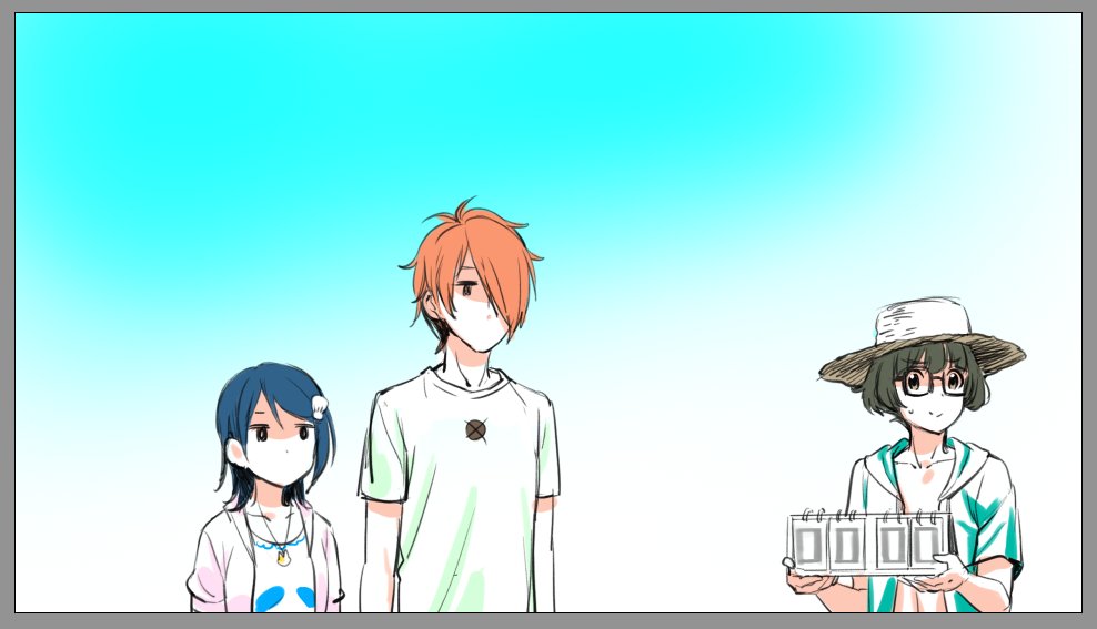 2boys akizuki_ryou ball beachball blue_hair blue_sky glasses hat idolmaster idolmaster_dearly_stars idolmaster_side-m jitome luncheon_meat_umai mizutani_eri multiple_boys orange_hair scorecard shirt short_hair sky sun_hat t-shirt tsukumo_kazuki upper_body