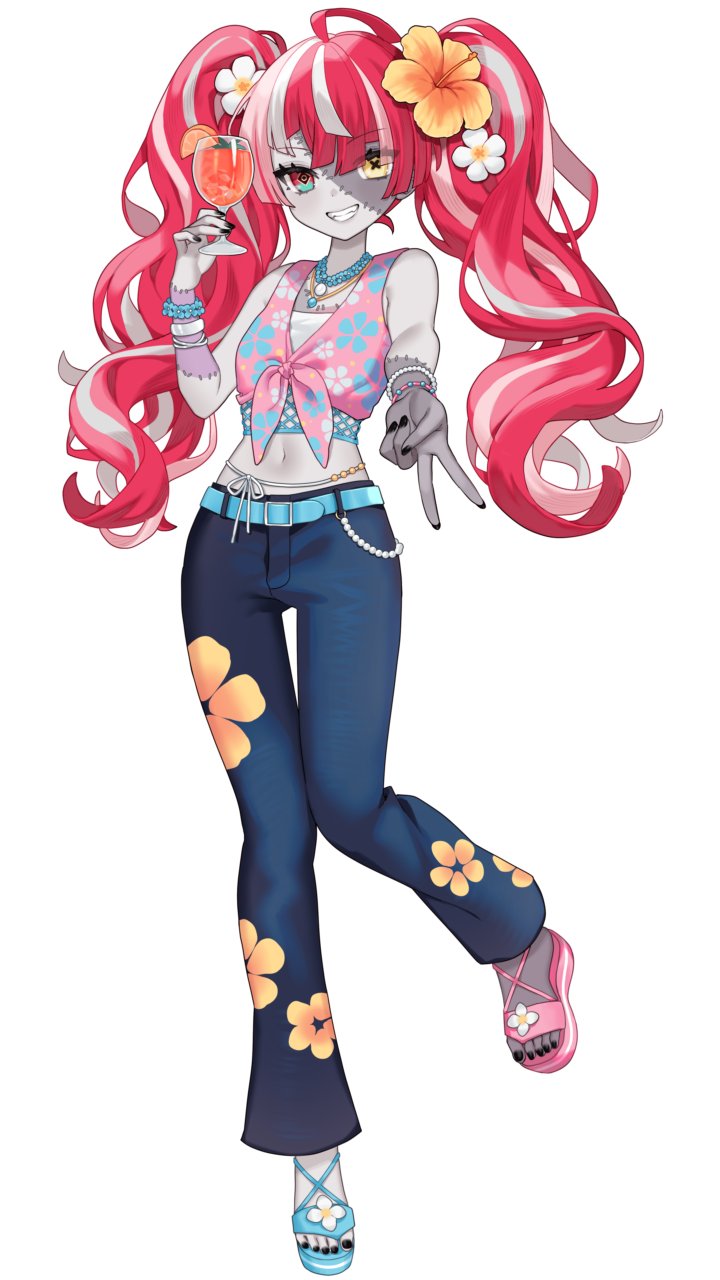 1girl :d ahoge artist_request asymmetrical_footwear bare_arms bead_bracelet beads bell-bottoms belt black_nails blue_belt blue_pants blunt_ends bracelet colored_skin commentary cup denim diamond-shaped_pupils diamond_(shape) drink english_commentary floral_print_shirt flower front-tie_top full_body gradient_eyes green_eyes grey_hair grey_skin grin hair_flower hair_ornament heterochromia highres holding holding_cup holding_drink hololive hololive_indonesia jeans jewelry kureiji_ollie long_hair looking_at_viewer midriff mismatched_footwear mismatched_pupils multicolored_eyes multicolored_hair multicolored_skin nail_polish navel necklace official_alternate_costume official_alternate_hairstyle pants patchwork_skin pink_hair pink_shirt red_eyes red_hair sandals second-party_source shirt sleeveless sleeveless_shirt smile solo stitched_arm stitched_face stitches symbol-shaped_pupils tied_shirt twintails two-tone_skin very_long_hair virtual_youtuber white_background white_hair white_skin x-shaped_pupils yellow_eyes zombie