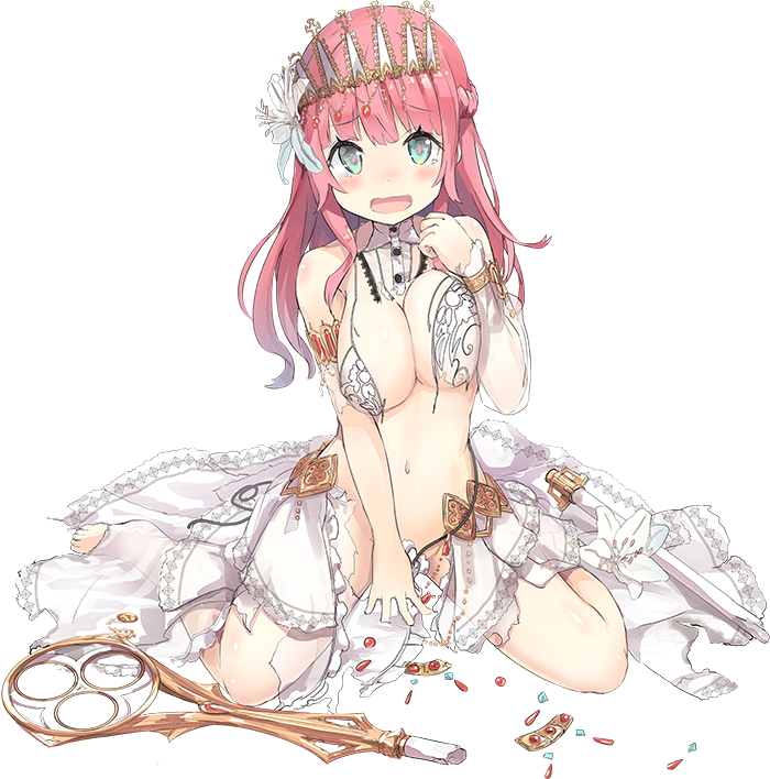 :o blue_eyes blush breasts broken_staff cleavage detached_sleeves dress full_body isegawa_yasutaka large_breasts long_hair midriff official_art open_mouth oshiro_project oshiro_project_re pink_hair prague_(oshiro_project) staff tiara torn_clothes torn_dress transparent_background