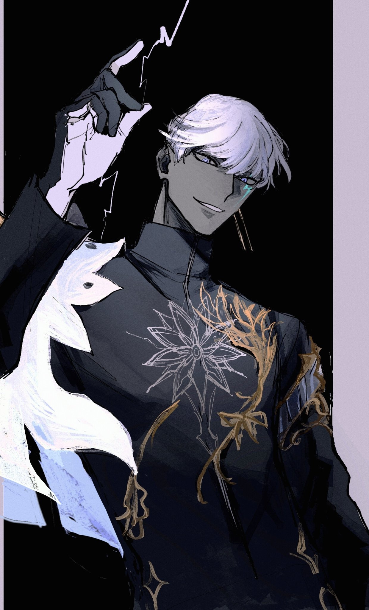 1boy black_background black_gloves blue_eyes colored_skin dark-skinned_male dark_skin earrings fate/grand_order fate_(series) gloves grey_skin highres indra_(fate) jewelry kkh_tool lightning_bolt_facial_mark looking_at_viewer male_focus open_mouth shirt short_hair smile solo upper_body white_hair