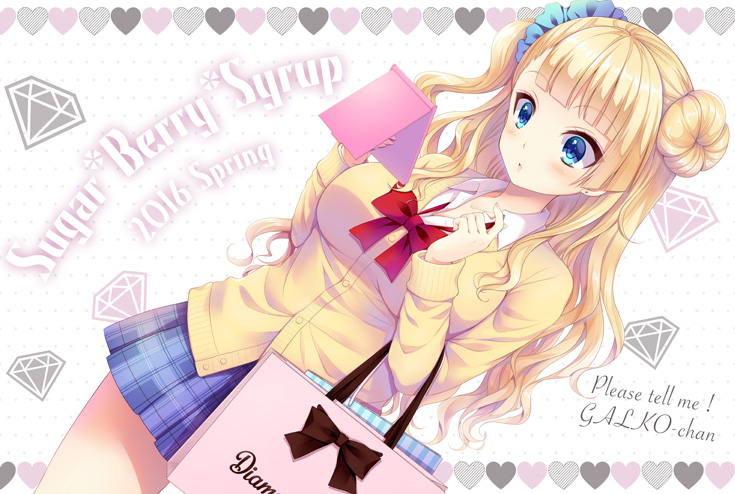 2016 bag bangs blonde_hair blue_eyes blue_scrunchie blue_skirt blunt_bangs blush bow breasts cardigan collared_shirt commentary_request copyright_name diamond_(symbol) double_bun eyebrows_visible_through_hair galko hair_ornament hair_scrunchie hands_up heart holding kuroe_(sugarberry) large_breasts long_sleeves oshiete!_galko-chan parted_lips plaid plaid_skirt pleated_skirt red_bow school_uniform scrunchie shirt shopping_bag side_bun skirt solo white_shirt yellow_cardigan