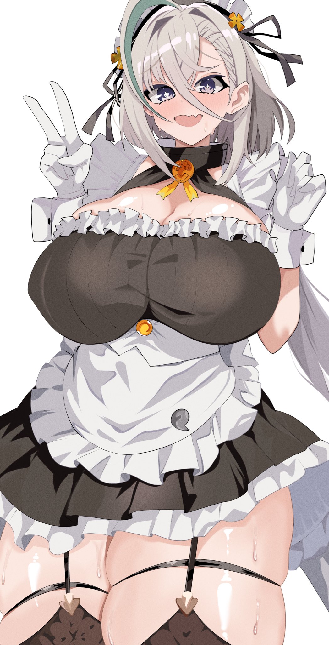 1girl alternate_costume apron black_dress black_thighhighs blush breasts cleavage dress enmaided fate/grand_order fate_(series) gloves green_hair grey_eyes hair_between_eyes highres huyan_zhuo_(fate) huyan_zhuo_(fgo_fes._2025)_(fate) large_breasts long_hair looking_at_viewer maid maid_headdress multicolored_hair official_alternate_costume open_mouth puffy_short_sleeves puffy_sleeves puti_tomato19 short_sleeves simple_background skindentation smile solo streaked_hair thick_thighs thighhighs thighs very_long_hair waist_apron white_apron white_background white_gloves white_hair wrist_cuffs